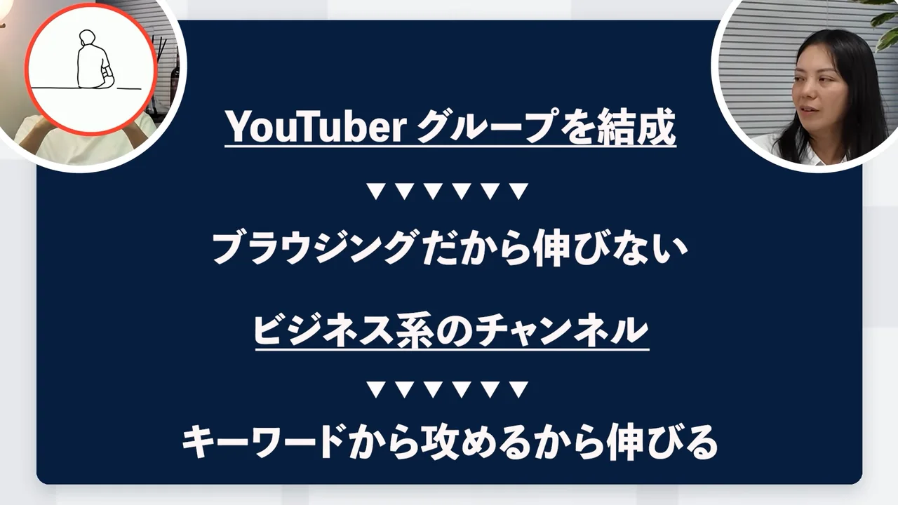 動画の画面。ブラウジングだから伸びない、ビジネス系のチャンネルはキーワードから攻めるから伸びる、と並ぶ紺色のスライド