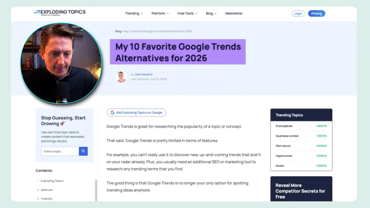 Exploding Topics の比較記事 My 10 Favorite Google Trends Alternatives for 2026 のページ