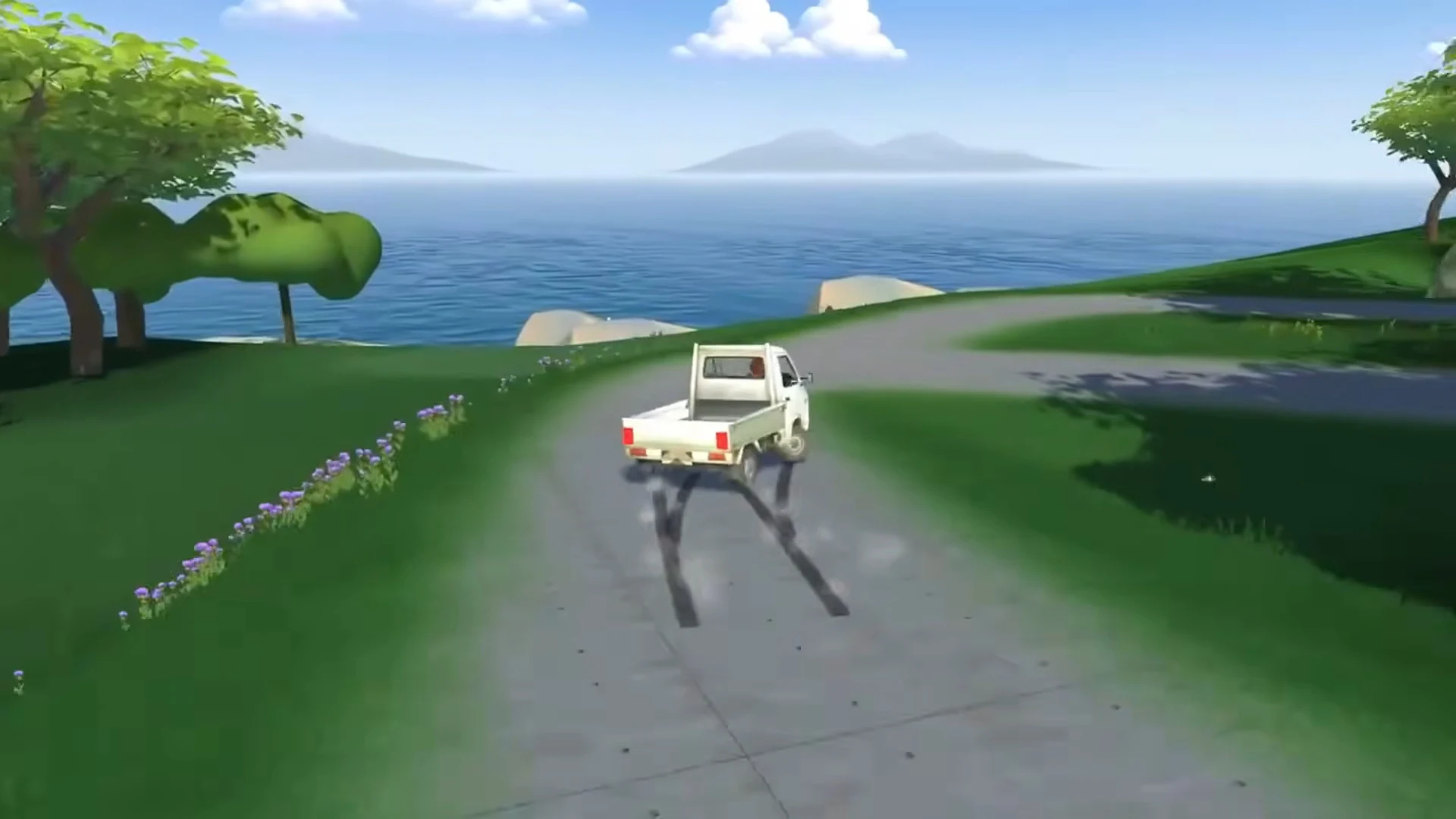 動画のゲーム画面。海を望む島の道で、白い軽トラックがタイヤの跡を残してドリフトしている