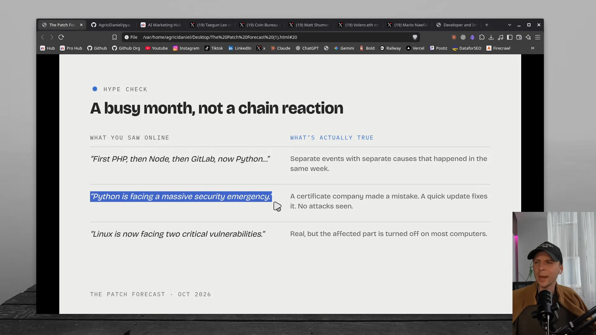 動画の画面。A busy month, not a chain reaction の見出しの下に、ネットで見た噂と実際を左右に並べた明るい表のスライド。画面の右下に話し手のDanielさんが映っている