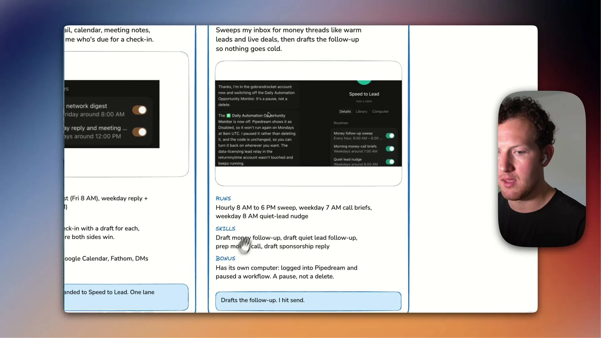 動画キャプチャ: 6. Speed to Lead の画面。時間ごとの見回りと、フォローアップの下書きを作る仕事の一覧。最後に Drafts the follow-up. I hit send. と出る（12:58頃）