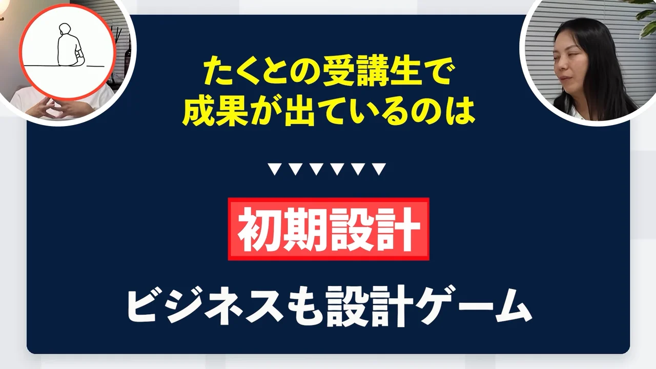 動画の画面。成果が出ているのは初期設計、ビジネスも設計ゲーム、と並ぶ紺色のスライド