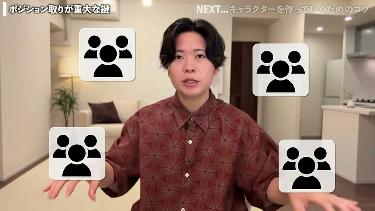 かのさんを囲んで、人の集まりを示すアイコンが四つ並ぶ場面。見出しは、ポジション取りが重大な鍵