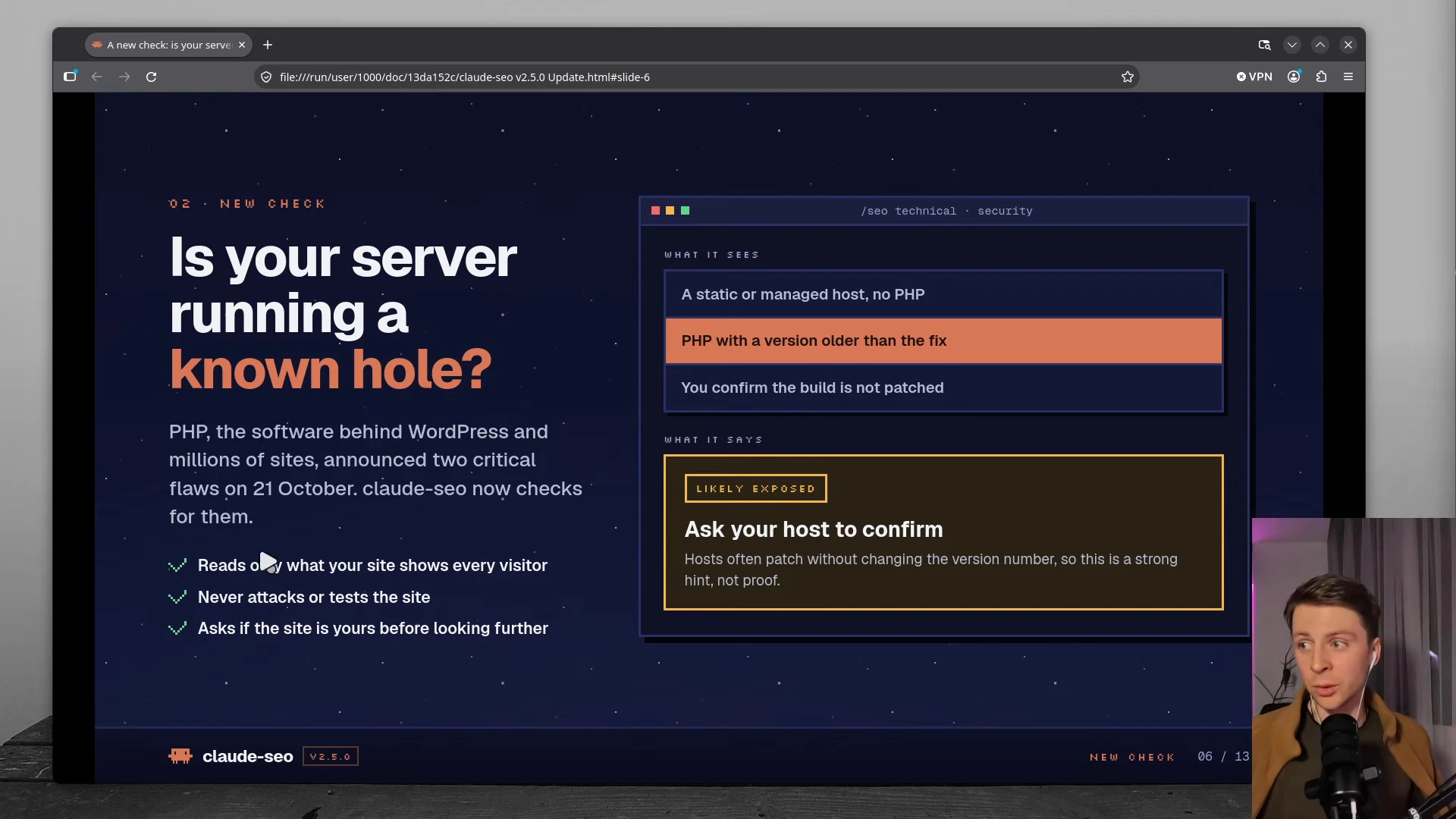 動画の画面。Is your server running a known hole? の見出しに、サーバー安全チェックの説明と、ホストに確かめる枠が並ぶスライド。画面の右下に話し手のDanielさんが映っている