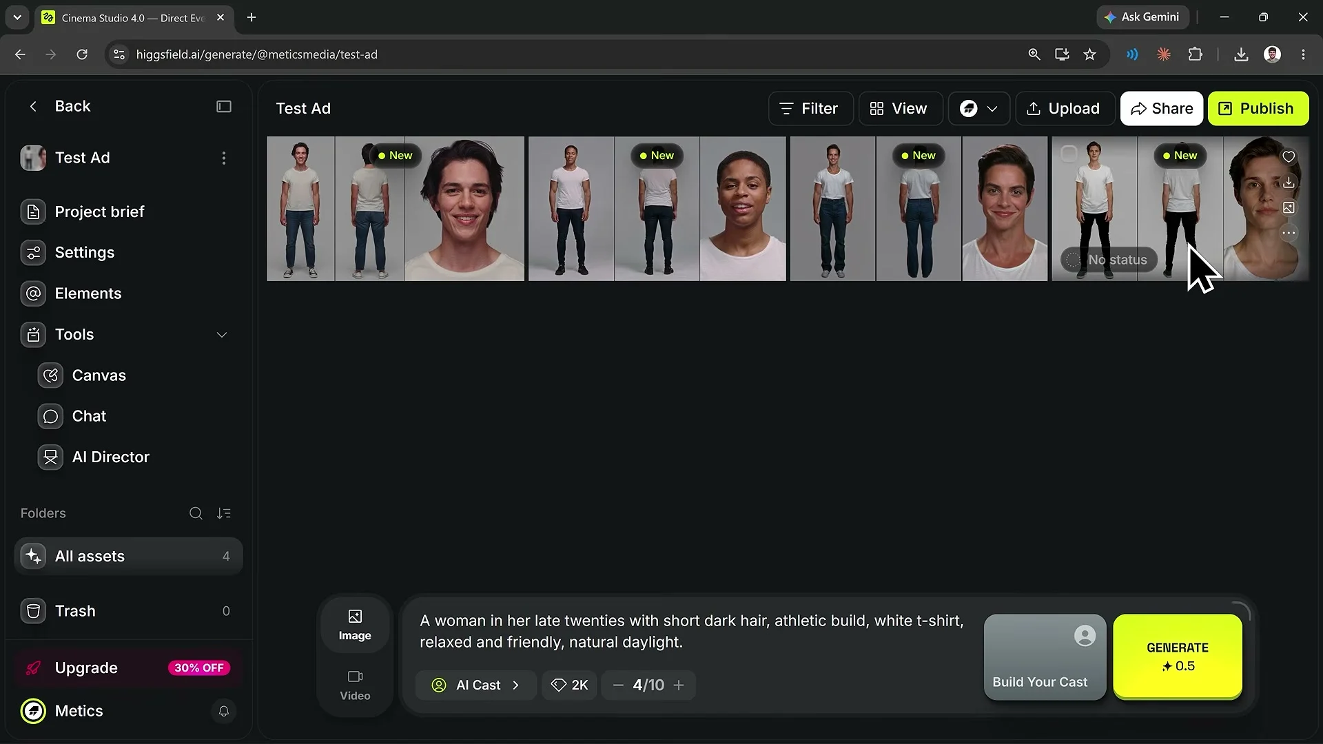 動画キャプチャ: Cinema Studio 4.0 の Test Ad プロジェクト。AI Cast で作った四人が、正面、背面、顔のアップの三枚ずつで並び、下に指示文の入力欄がある(14:10頃)