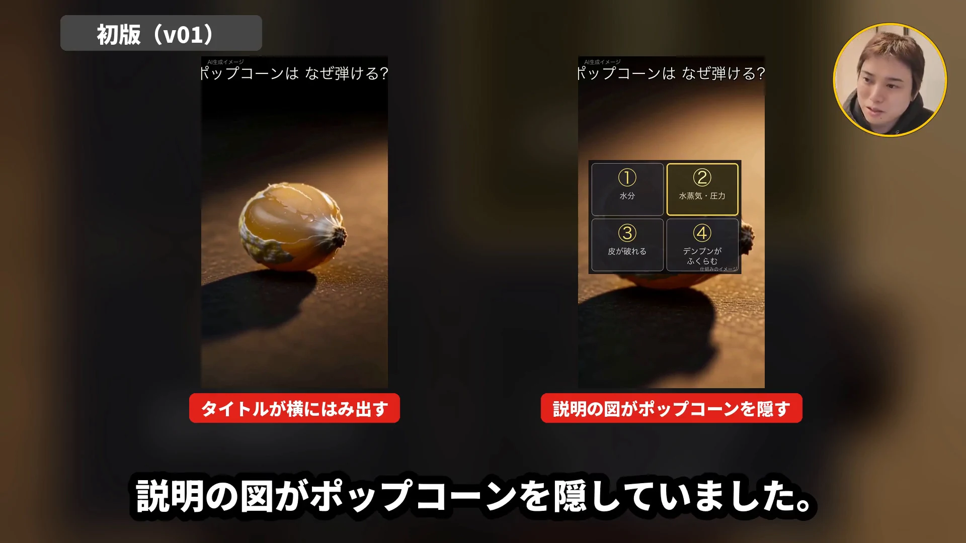 動画の画面。初版の2つの画面に、タイトルのはみ出しと図が隠している所の注記が付いている