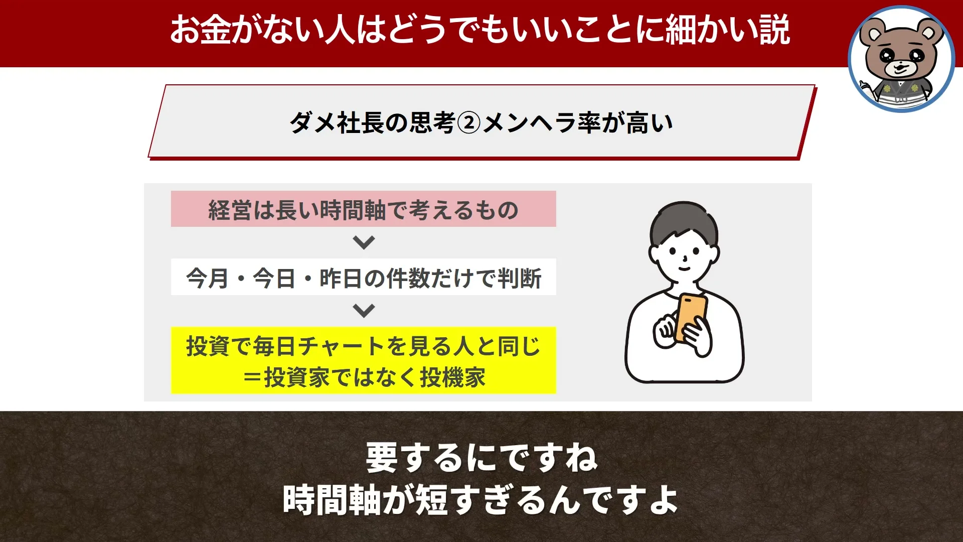 動画キャプチャ: 経営は長い時間軸で考えるもの、の画面。今月・今日・昨日の件数だけで判断する、と出る場面（14:18頃）