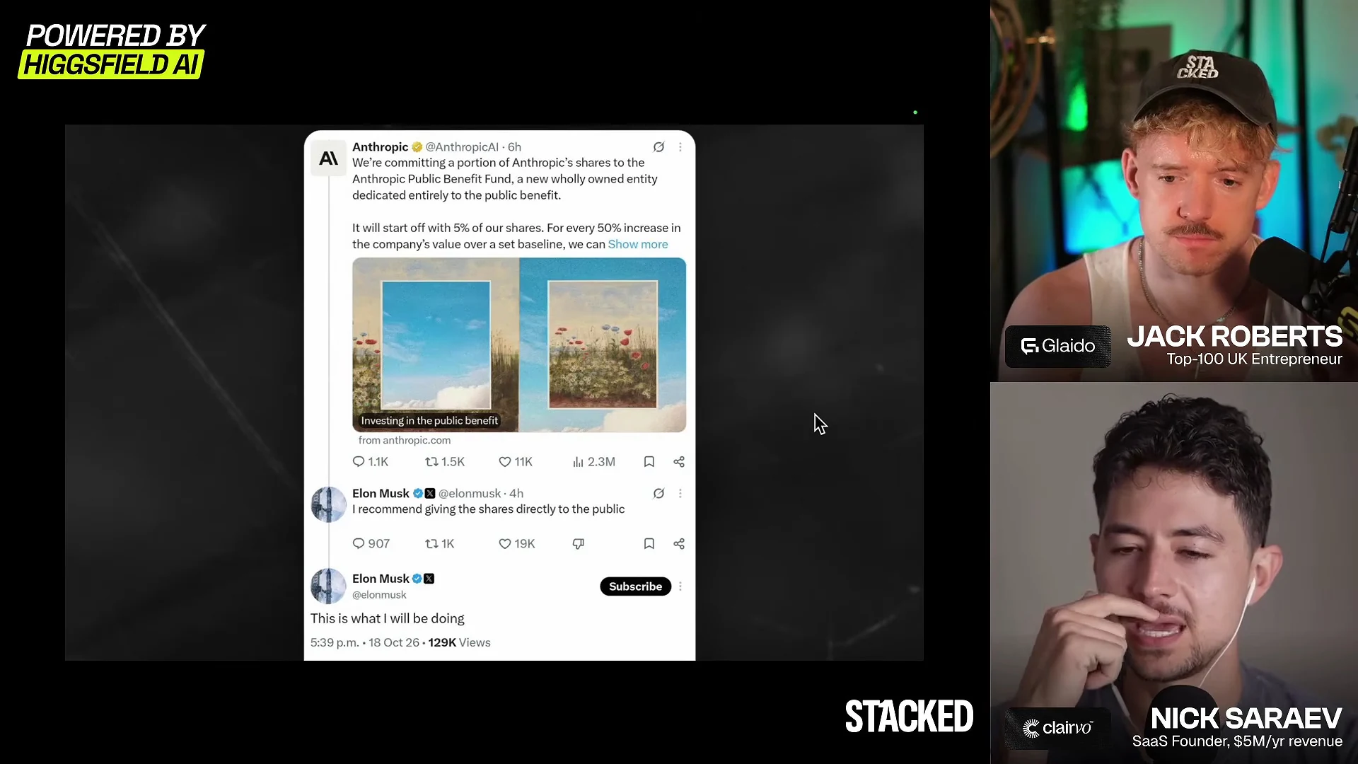 動画の画面。AnthropicのXの投稿と、Elon Muskの返信の投稿が縦に並ぶスクリーンショット。返信には、株を直接公共に渡すことを勧める、これは自分がやること、と書かれている