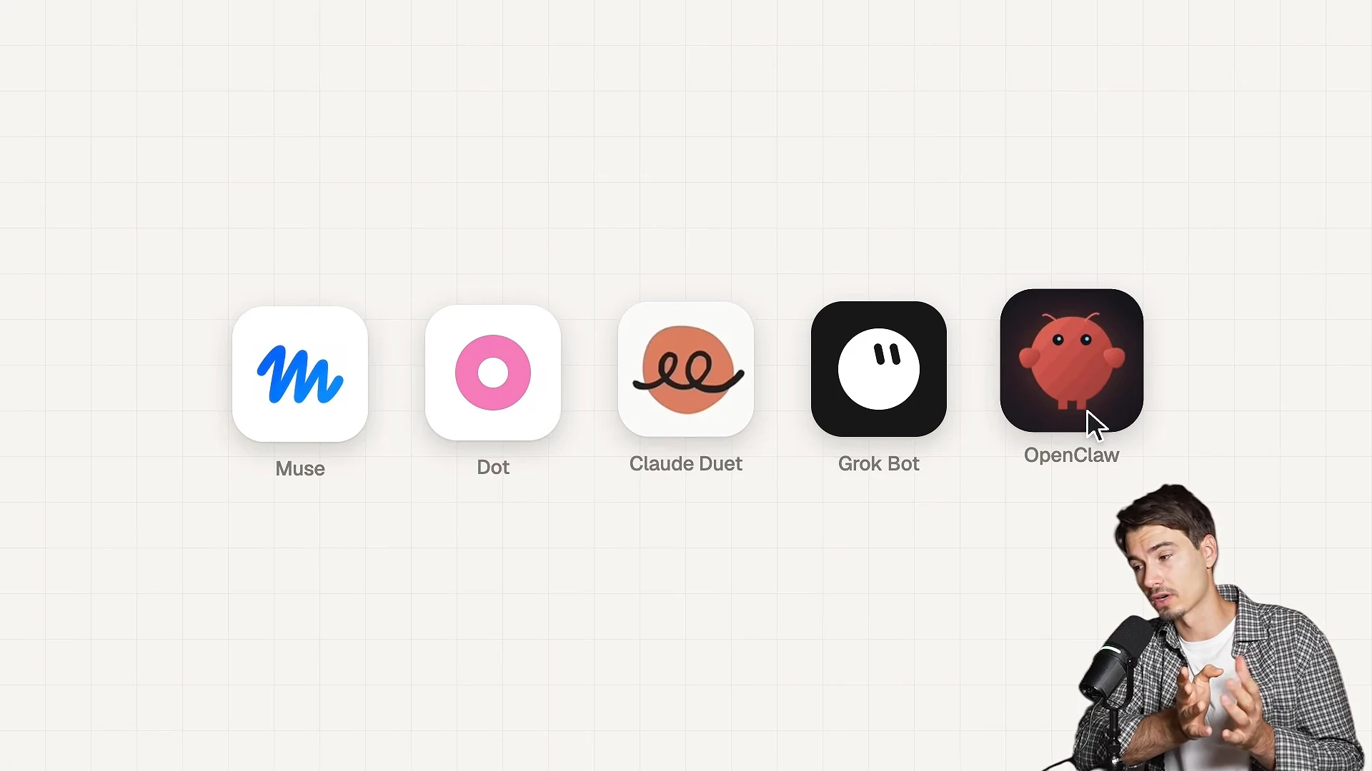 動画の画面。Muse・Dot・Claude Duet・Grok Bot・OpenClawの5つのアイコンが並ぶ比較の図。画面の右下に話し手のIgorさんが映っている