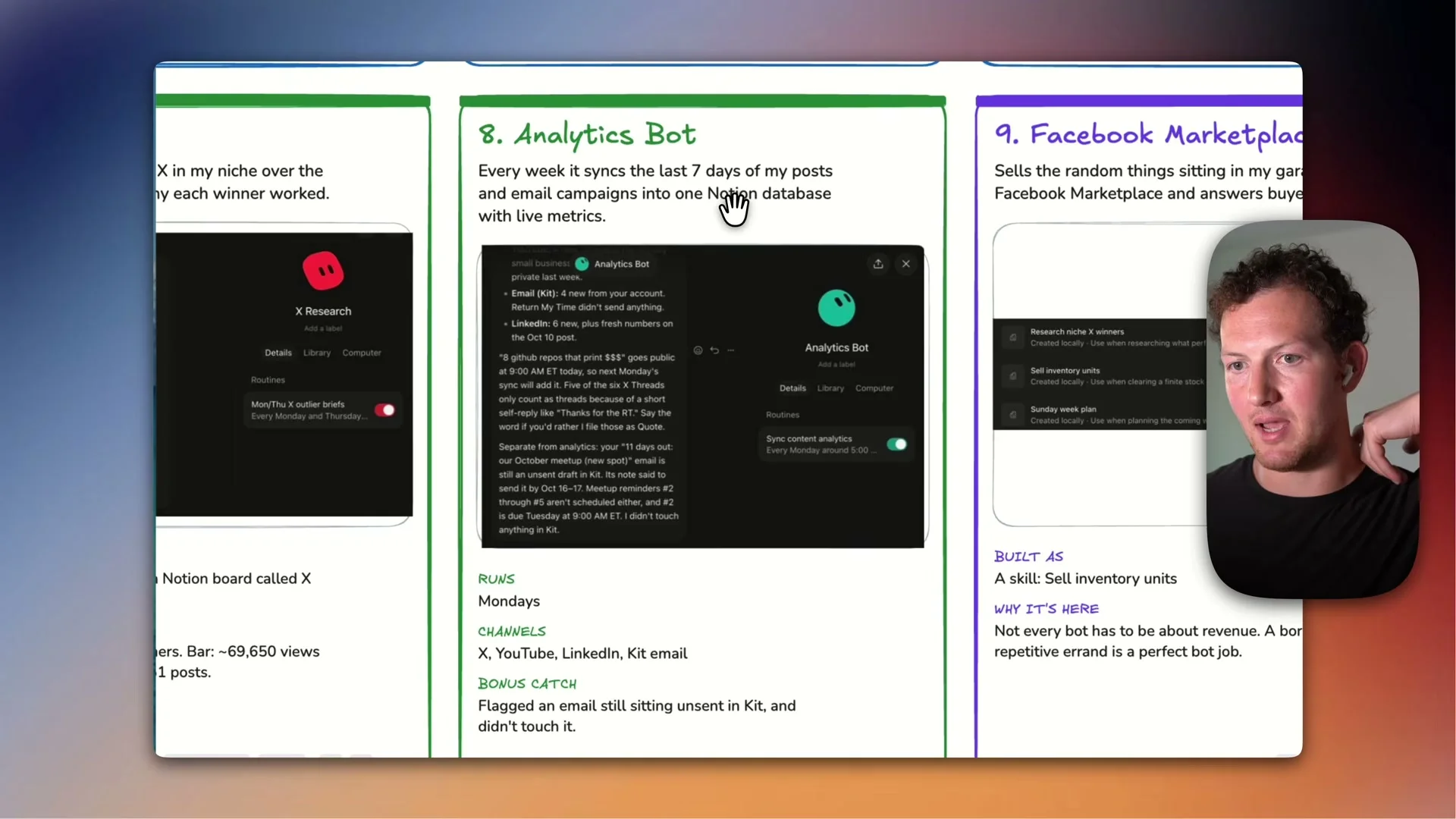 動画キャプチャ: 8. Analytics Bot の画面。毎週月曜に、X・YouTube・LinkedIn・Kit のメールの数字を Notion に集めると出る。左に 7. X Research が見える（14:42頃）