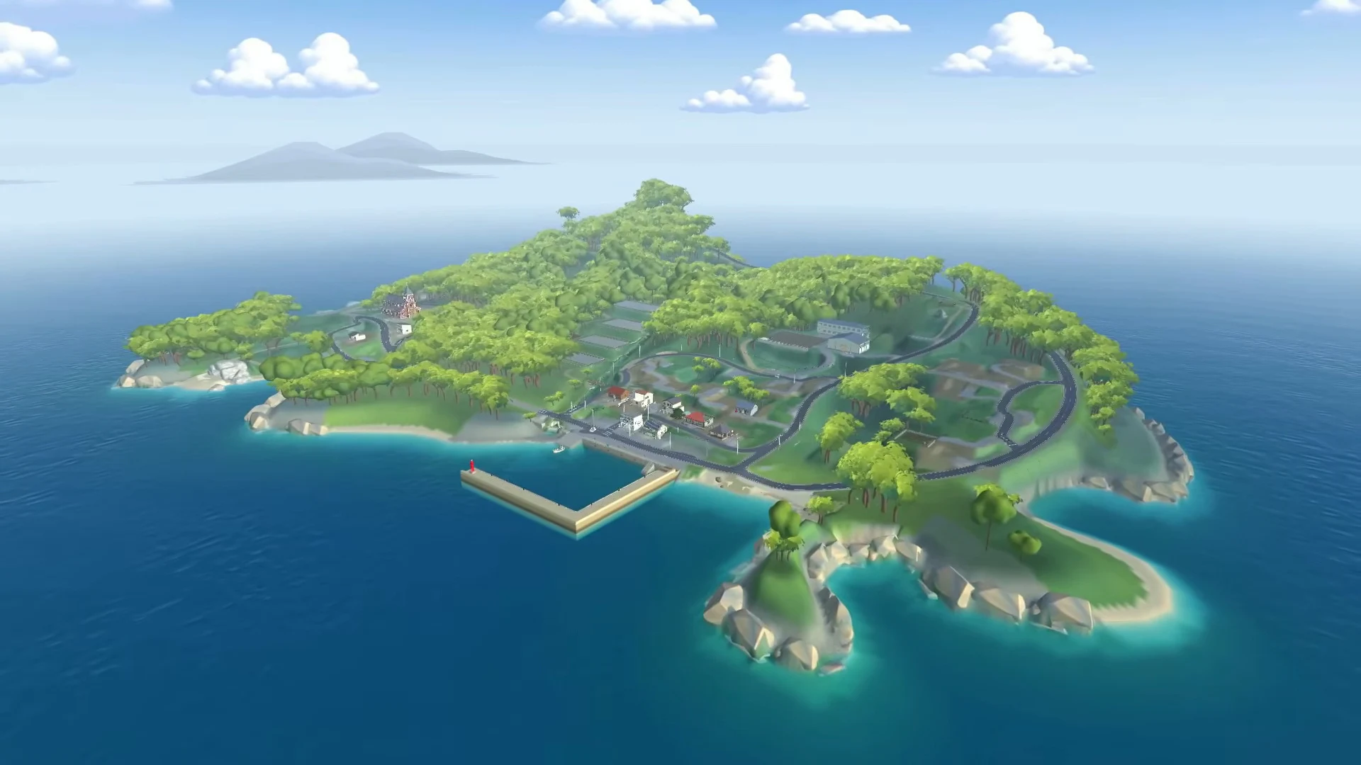 動画のゲーム画面。青い海に浮かぶ島ぐらしの島を斜め上から見た全景。緑の森と道、港の防波堤、赤い屋根の家が見える