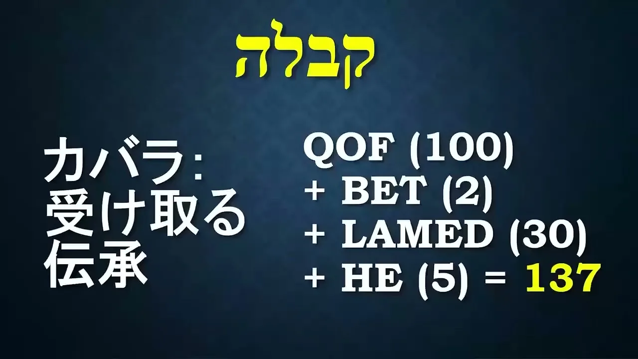 動画の画面。ヘブライ文字のカバラと、QOFの100、BETの2、LAMEDの30、HEの5を足して137になる式が出ている場面