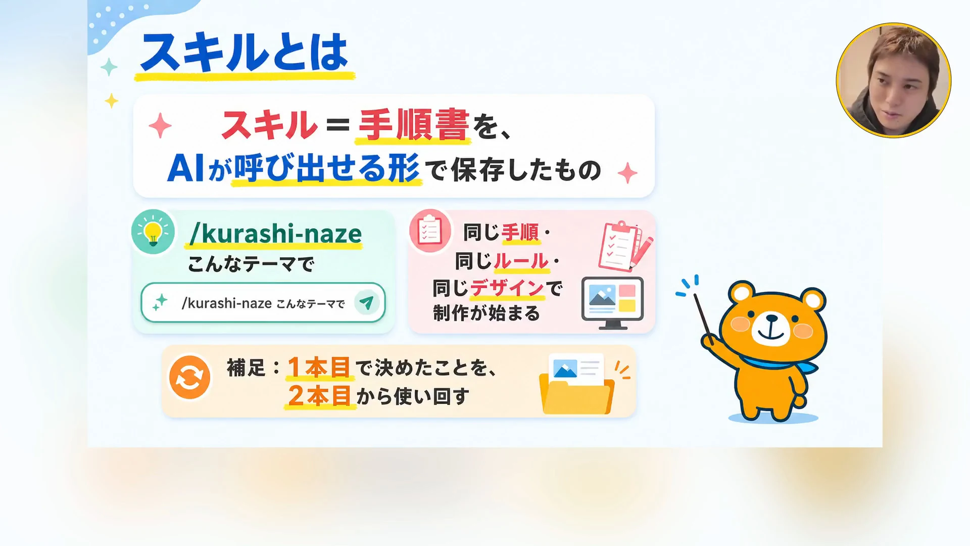 動画の画面。スキルとは、手順書をAIが呼び出せる形で保存した物、と説明するスライド