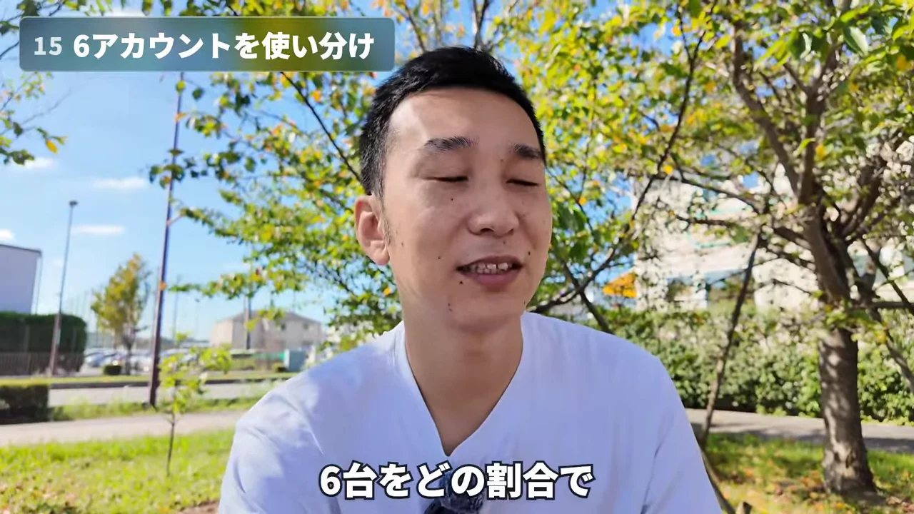 動画の画面。話す男性に、6アカウントを使い分け、というテロップと、6台をどの割合で、という字幕が出ている場面
