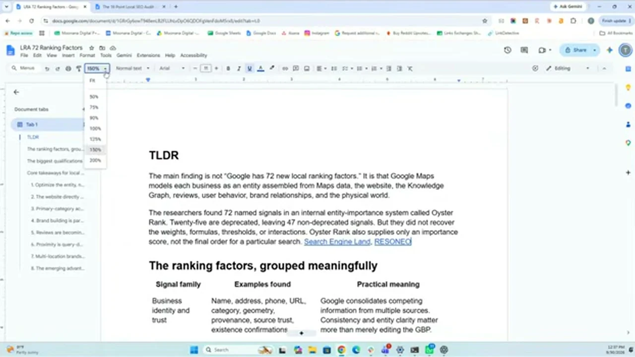 動画の画面。Google ドキュメントの、72のランキング要因のTLDRが映る場面