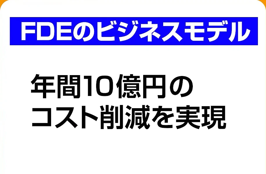 動画の画面。FDEのビジネスモデルと題したスライドの左パネルに、年間10億円のコスト削減を実現、と大きな文字で出ている。