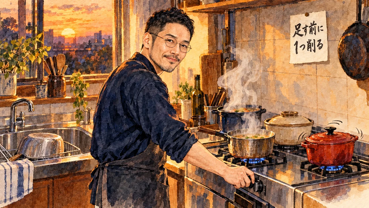 夕方の台所で、ひろくんが4つ並んだ鍋のうち1つの火を止めようとしている水彩イラスト。壁に足す前に1つ削るのメモ