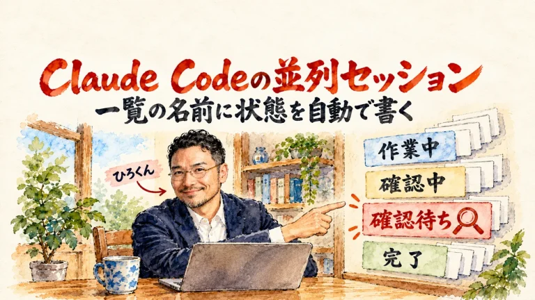 Claude Codeの並列セッションと書かれた水彩イラスト。ひろくんがノートPCの前で、壁の作業中、確認中、確認待ち、完了の4枚の札を指さし、確認待ちだけが朱色で目立っている