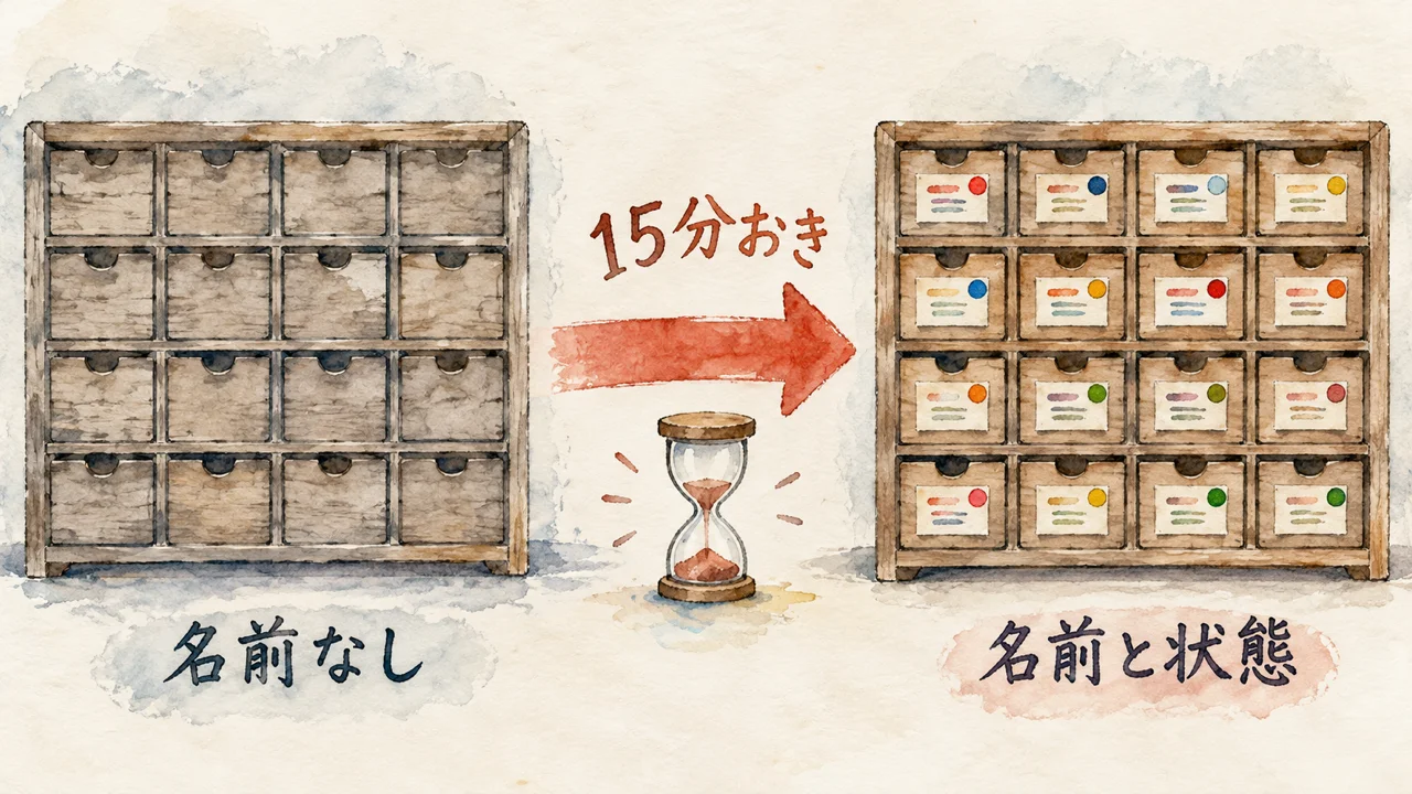 名前なしの引き出しの棚が、15分おきの矢印と砂時計を通って、名前と状態の印が付いた棚に変わる図解