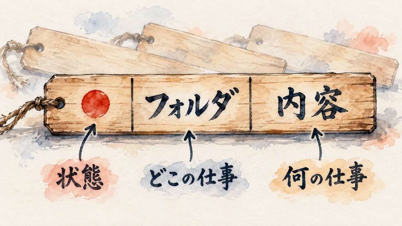 1本の木札が状態の印、フォルダ、内容の3つの区画に分かれ、それぞれ状態、どこの仕事、何の仕事と注記された図解