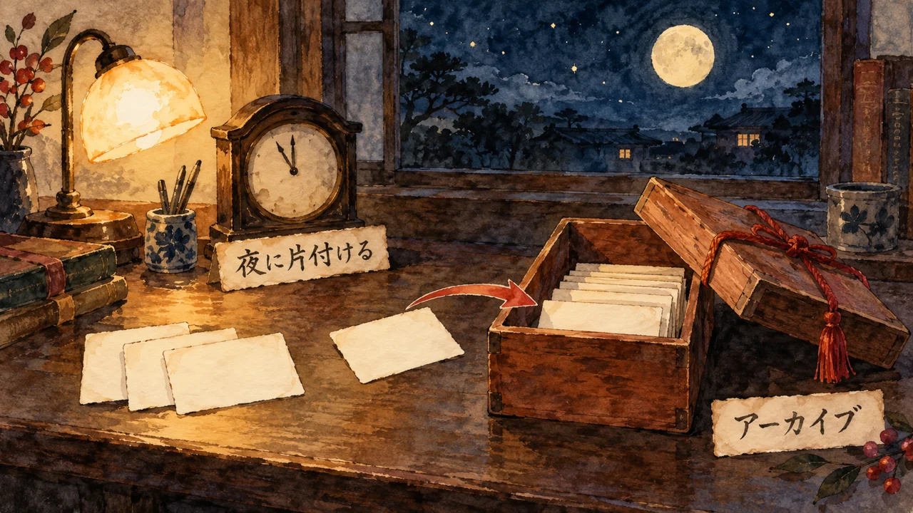 夜の書斎で、夜に片付けると書かれた時計の横の札が、アーカイブと書かれた木の文箱にしまわれていく図解