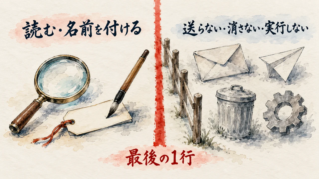 朱色の線の左に読む・名前を付ける道具、右の柵の向こうに送らない・消さない・実行しないの封筒やゴミ箱や歯車がある図解