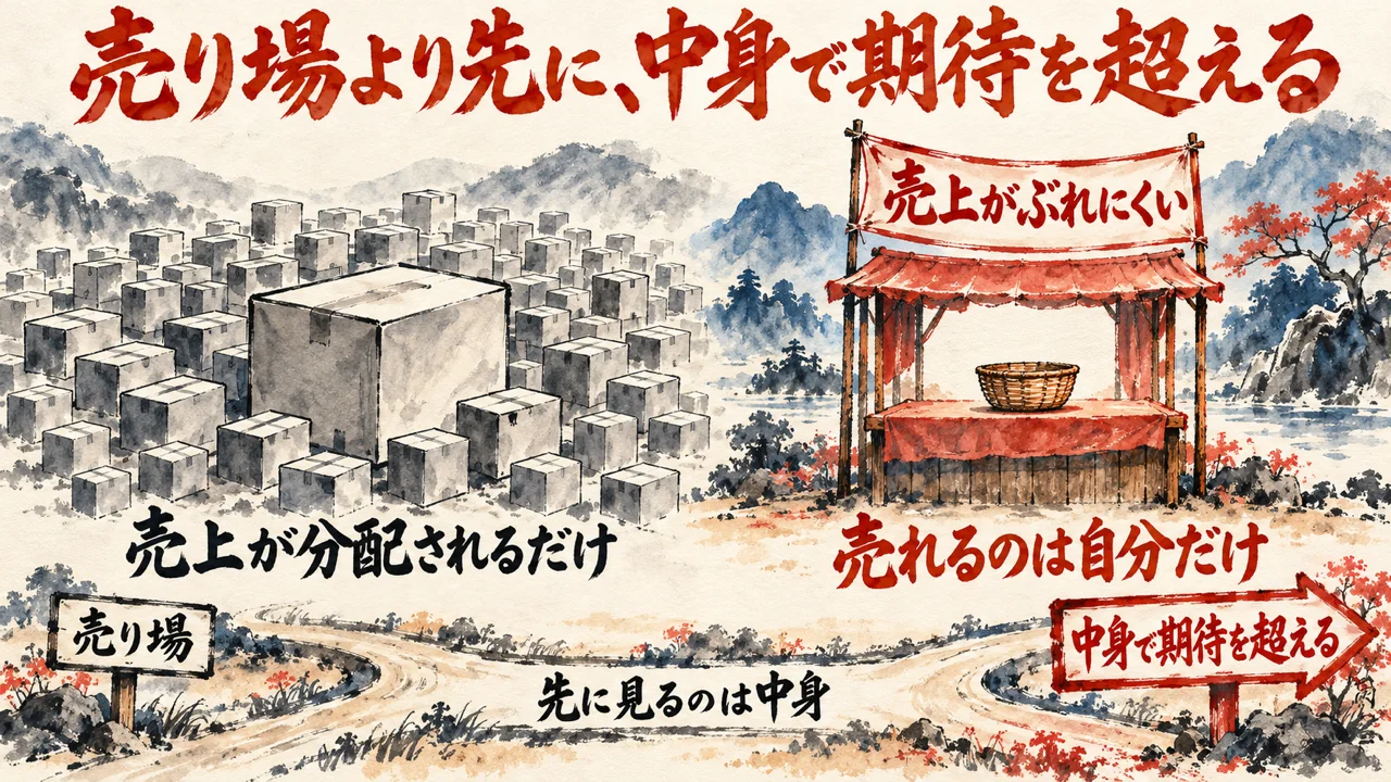 左は箱が山のように積まれ売上が分配されるだけの売り場、右は売上がぶれにくい屋台で売れるのは自分だけ。下は、左に売り場の看板、中央に先に見るのは中身の文字、右に中身で期待を超えると書いた矢印看板を置いた分かれ道の水彩の図解