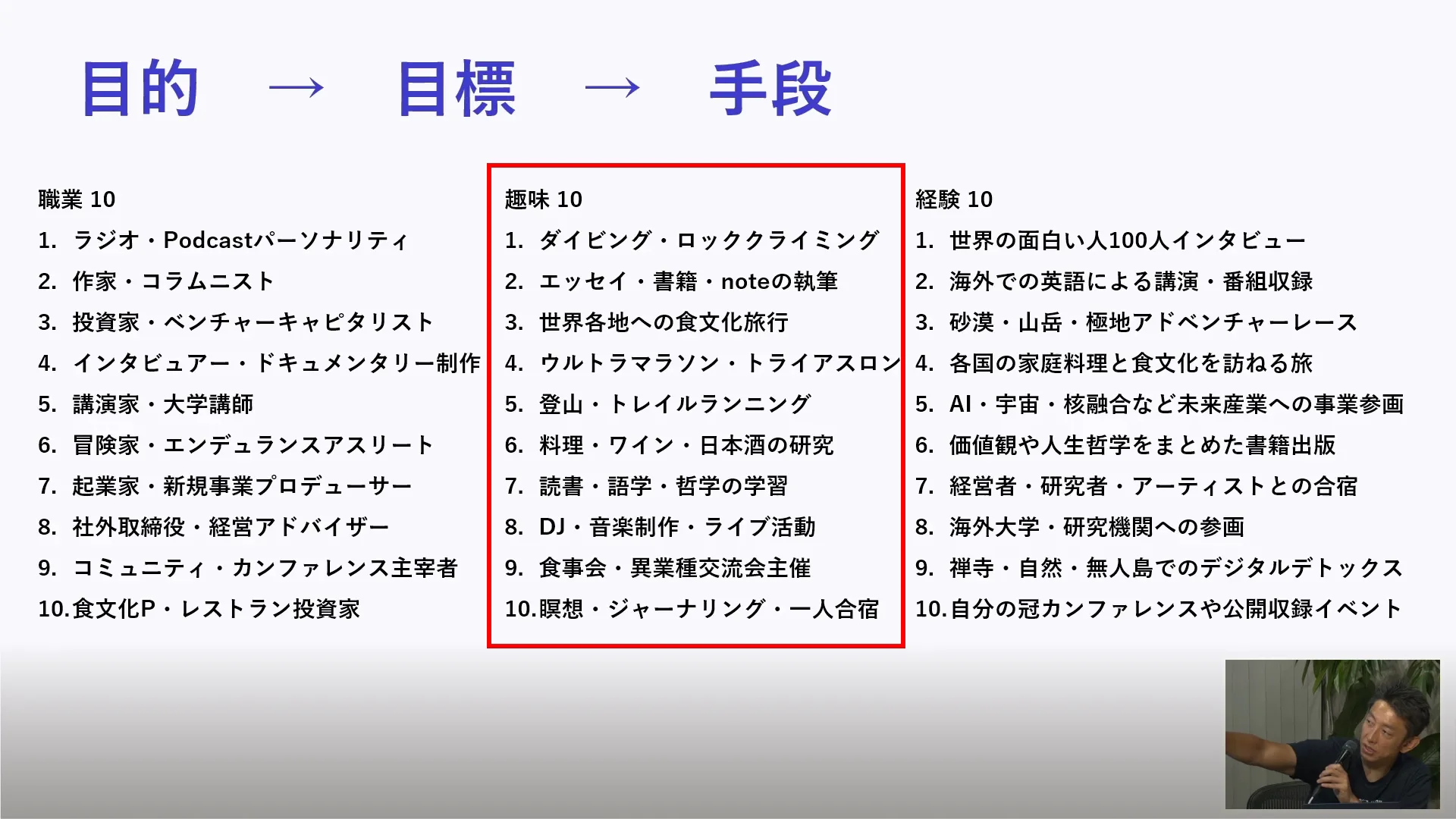 動画の場面: 職業10・趣味10・経験10を並べた、目的・目標・手段のスライド（10分13秒ごろ）
