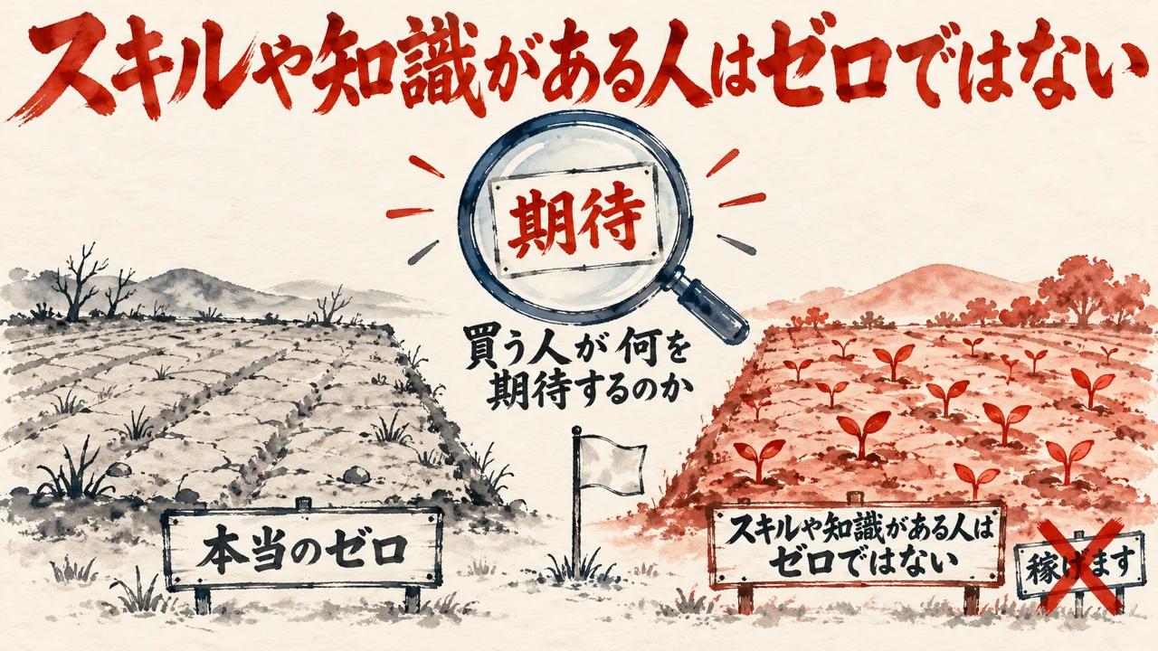 左は何も育たない畑の本当のゼロ、右は芽が出ているスキルや知識がある人の畑でゼロではない。中央の虫眼鏡に期待の文字、稼げますの看板には赤い×をつけた水彩の図解