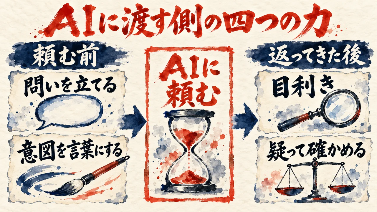 頼む前の問いを立てると意図を言葉にする、返ってきた後の目利きと疑って確かめる、がAIに頼む札を挟む図解