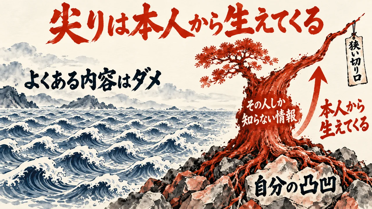 左は、よくある内容はダメと書いた荒波。右は、自分の凸凹の岩から赤い木が生え、その人しか知らない情報が幹になり、本人から生えてくる矢印の先に狭い切り口の札が下がる水彩の図解