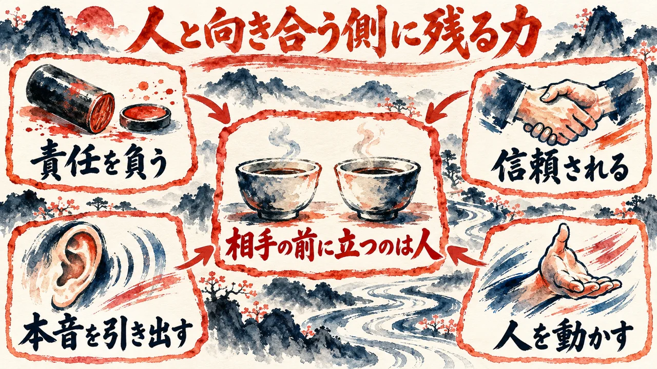 責任を負う、信頼される、本音を引き出す、人を動かす、の四つの札が、相手の前に立つのは人の札を囲む図解