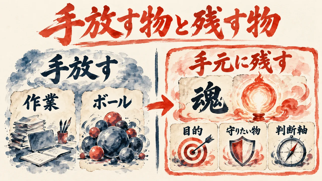 作業とボールを手放し、魂とその中身の目的、守りたい物、判断軸を手元に残す、と左右に分けた図解