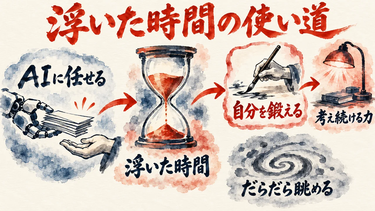 AIに任せて浮いた時間が、自分を鍛えて考え続ける力へ向かう道と、だらだら眺める道に分かれる図解