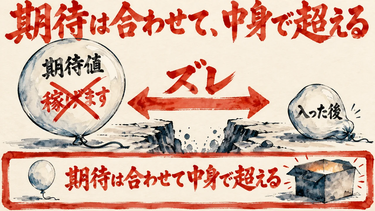 期待値の風船に稼げますと書き、赤い×をつけた。右の入った後の萎んだ風船との間に割れ目とズレの矢印があり、下の枠に、期待は合わせて中身で超えると、風船と箱を描いた水彩の図解