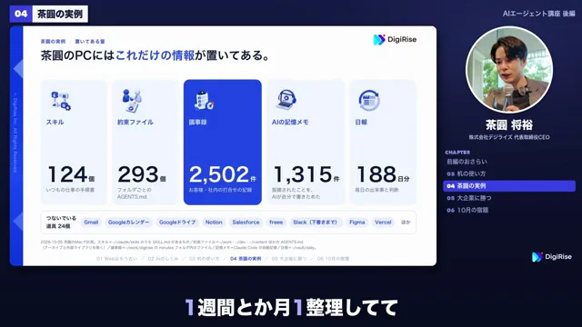 動画キャプチャ: 茶圓さんのPCに置いてある情報の件数を並べた「茶圓の実例」のスライド（12:45頃）
