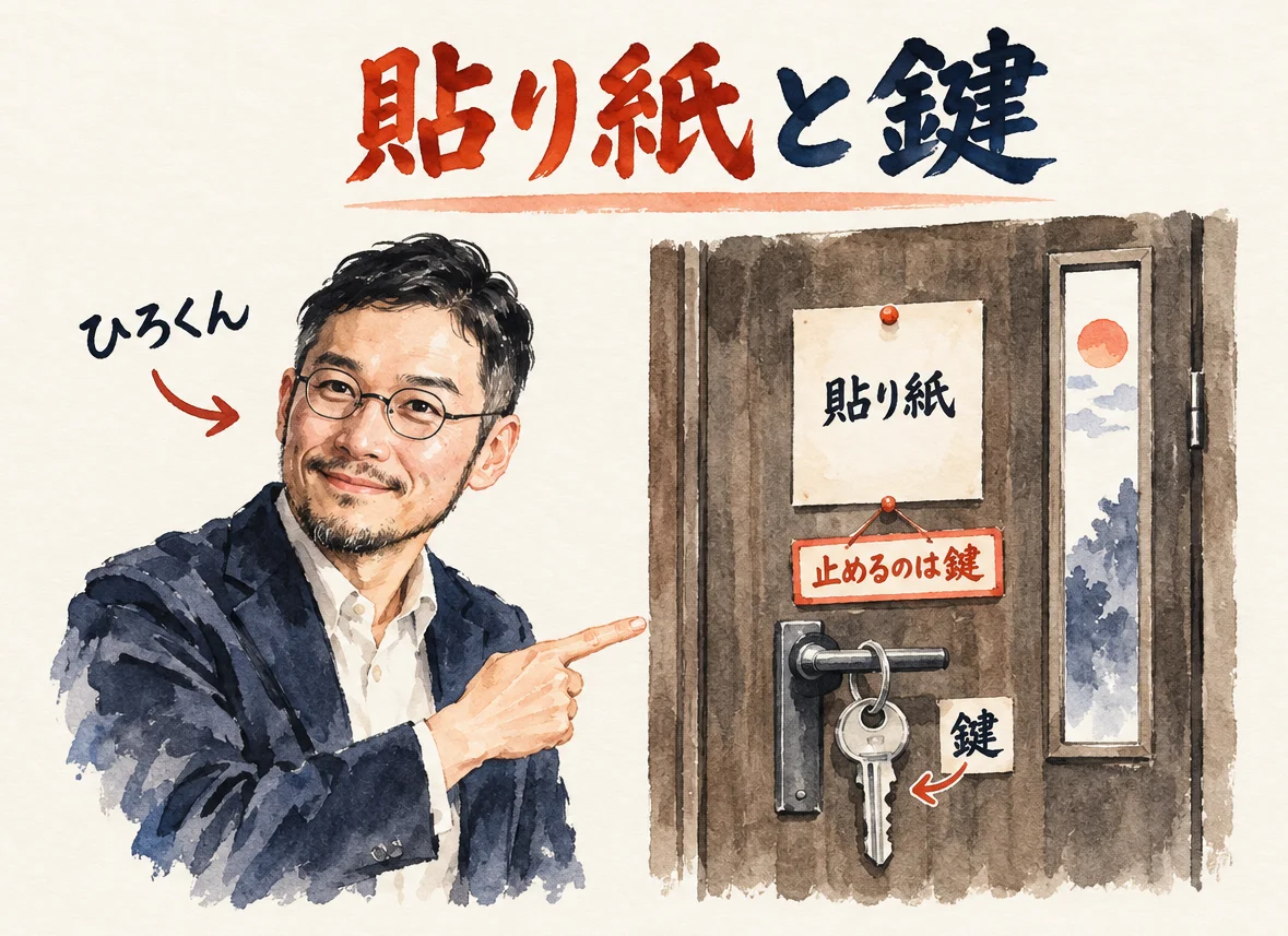 ひろくんが、貼り紙と鍵のある玄関の扉を指さす。扉の貼り紙は「貼り紙」、取っ手の鍵は「鍵」で、2つの間に「止めるのは鍵」の札がある図解