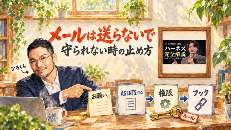 ひろくんが机の前で、お願いの貼り紙と「AGENTS.md」「権限」「フック」の札、「ルール」の鍵を指さすアイキャッチ。右上の額縁に元動画のサムネイル。題字は「メールは送らないで」守られない時の止め方