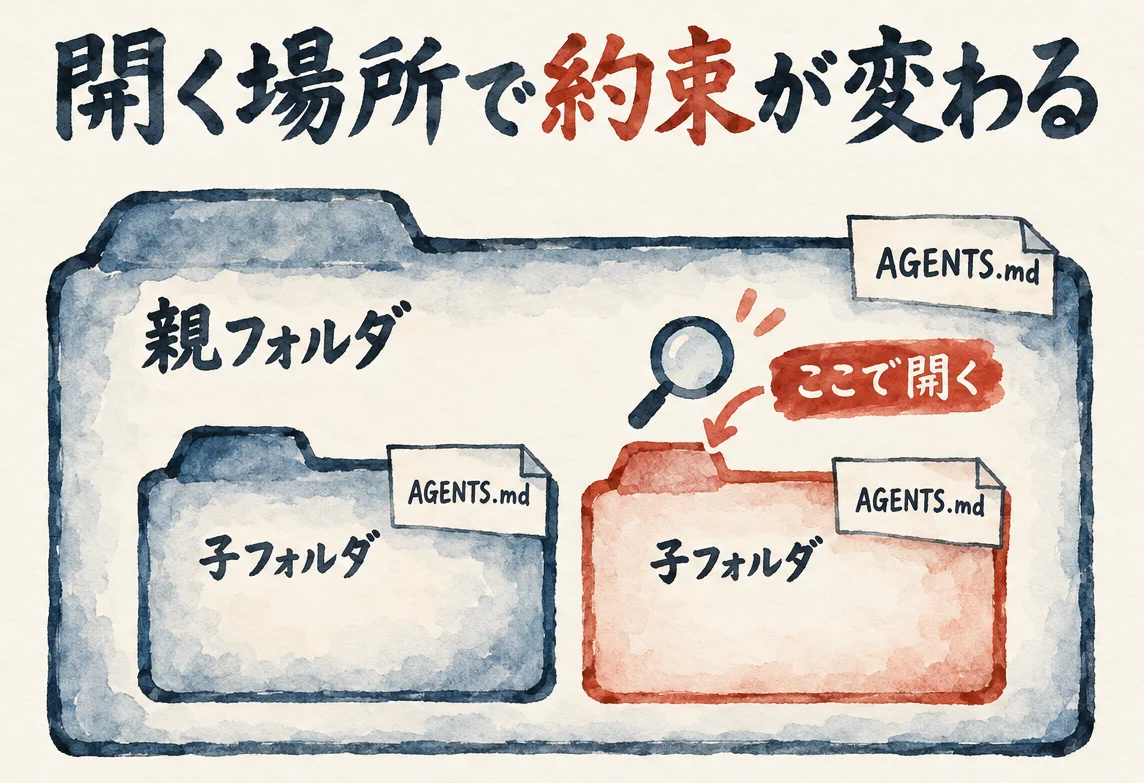 親フォルダの中に子フォルダが2つあり、それぞれにAGENTS.mdが付く。「ここで開く」子フォルダの約束が読まれる図解