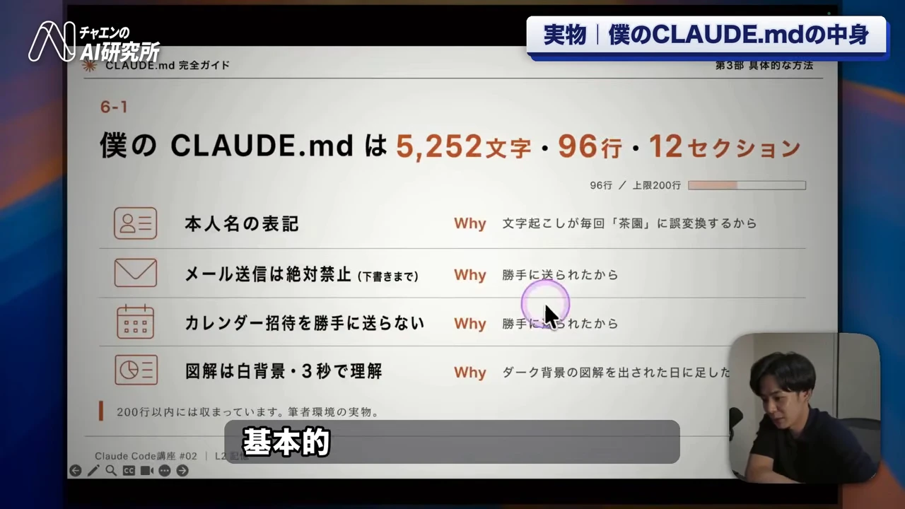 動画キャプチャ(チャエンさんの動画・14:36頃): 「実物」の画面。CLAUDE.mdは5,252文字・96行・12セクション。本人名の表記、メール送信は絶対禁止、カレンダー招待を勝手に送らない、図解は白背景・3秒で理解の4項目に、それぞれ理由(Why)が付いている