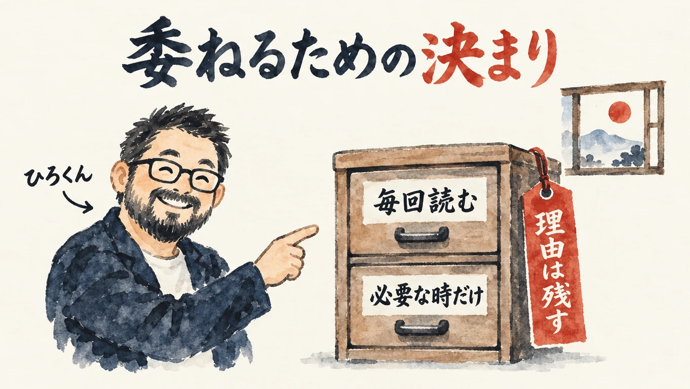 ひろくんが笑顔で、2段の引き出し「毎回読む」「必要な時だけ」を指さし、朱色の札「理由は残す」が下がっているコラム図解