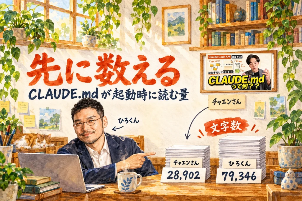 ひろくんが机の前で、2つの紙の束を指さすアイキャッチ。左の低い束の札は「チャエンさん」で数字は28,902、右の高い束の札は「ひろくん」で数字は79,346。朱色の札「文字数」が添えられ、壁の札「チャエンさん」から矢印が伸びる。題字は「先に数える」CLAUDE.mdが起動時に読む量。壁の額縁にチャエンさんのCLAUDE.mdの動画のサムネイル。壁に動画のサムネイル