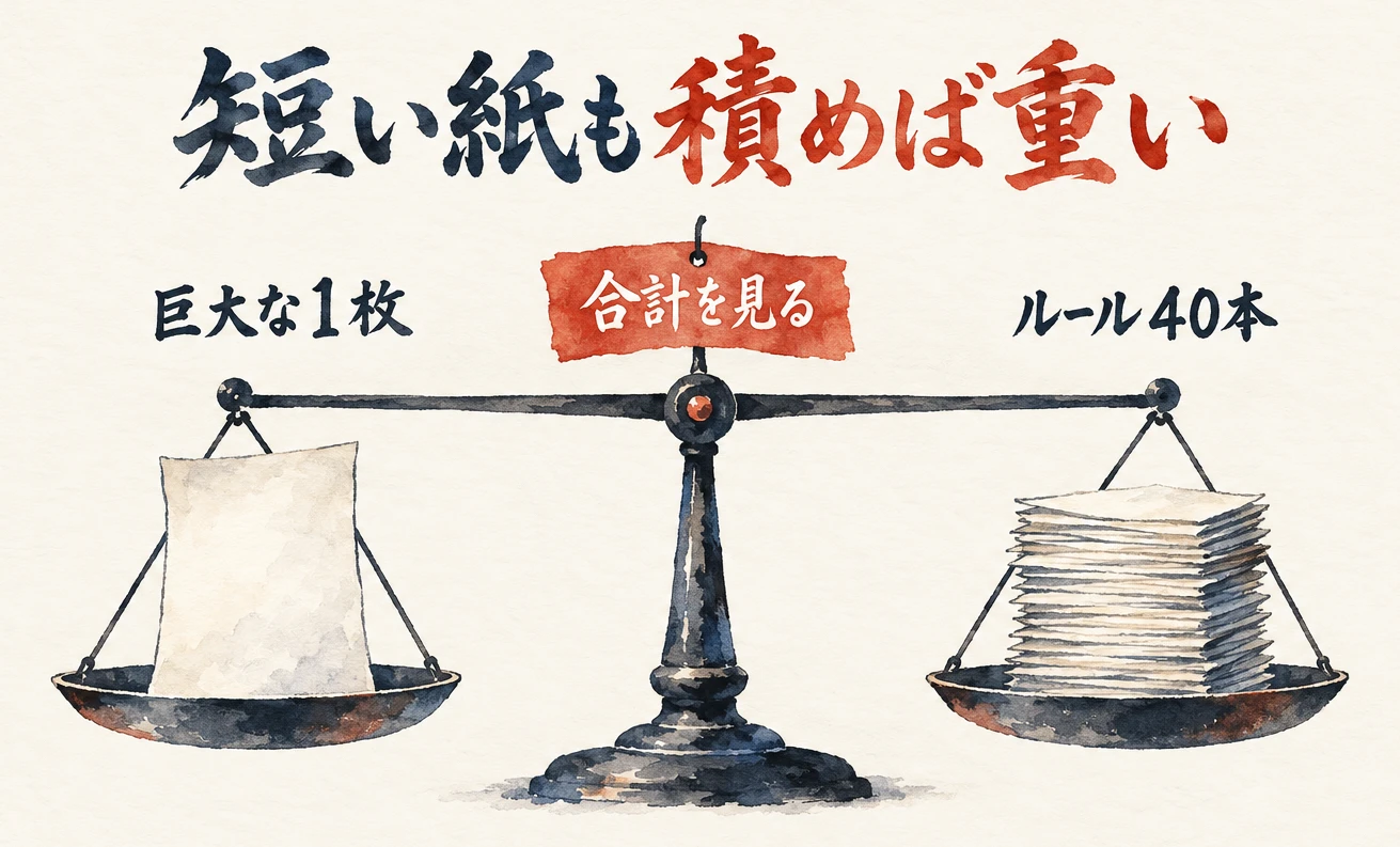 天秤の左の皿に「巨大な1枚」、右の皿に「ルール40本」の紙の束が載り、支点の上に朱色の札「合計を見る」がある図解