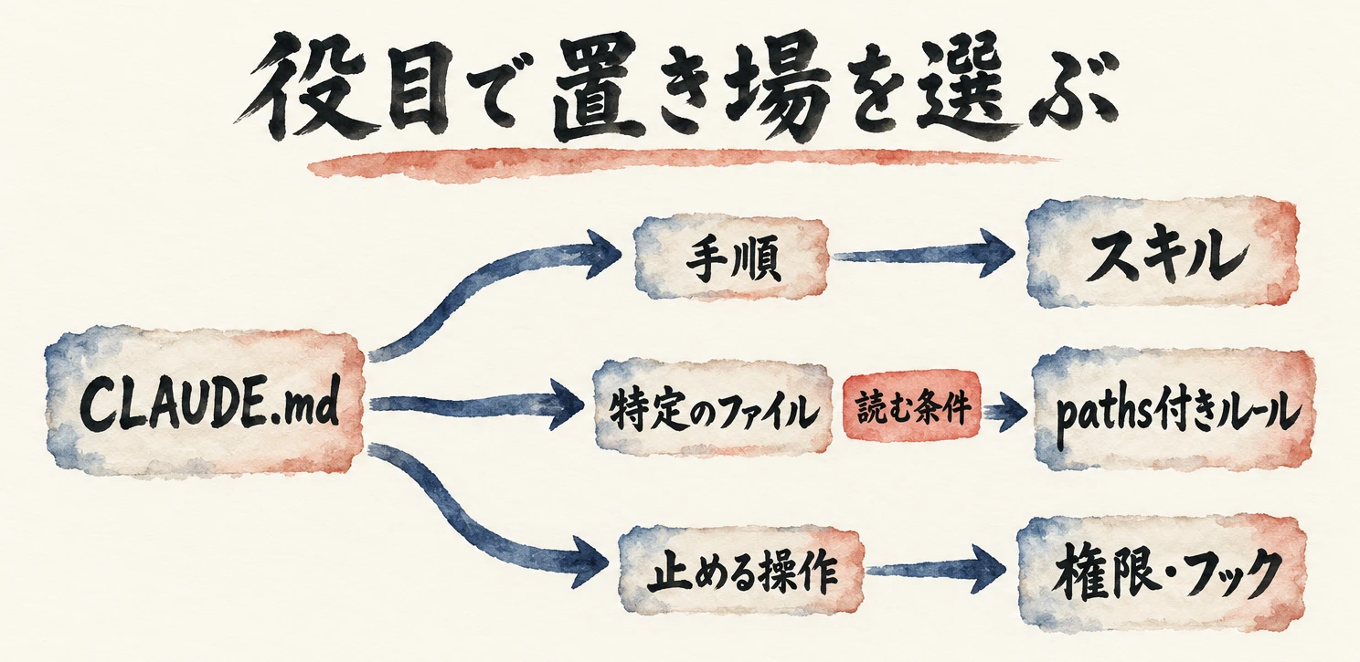 紙「CLAUDE.md」から3本の道が分かれ、「手順」はスキル、「特定のファイル」は読む条件の札を通ってpaths付きルール、「止める操作」は権限・フックへつながる図解