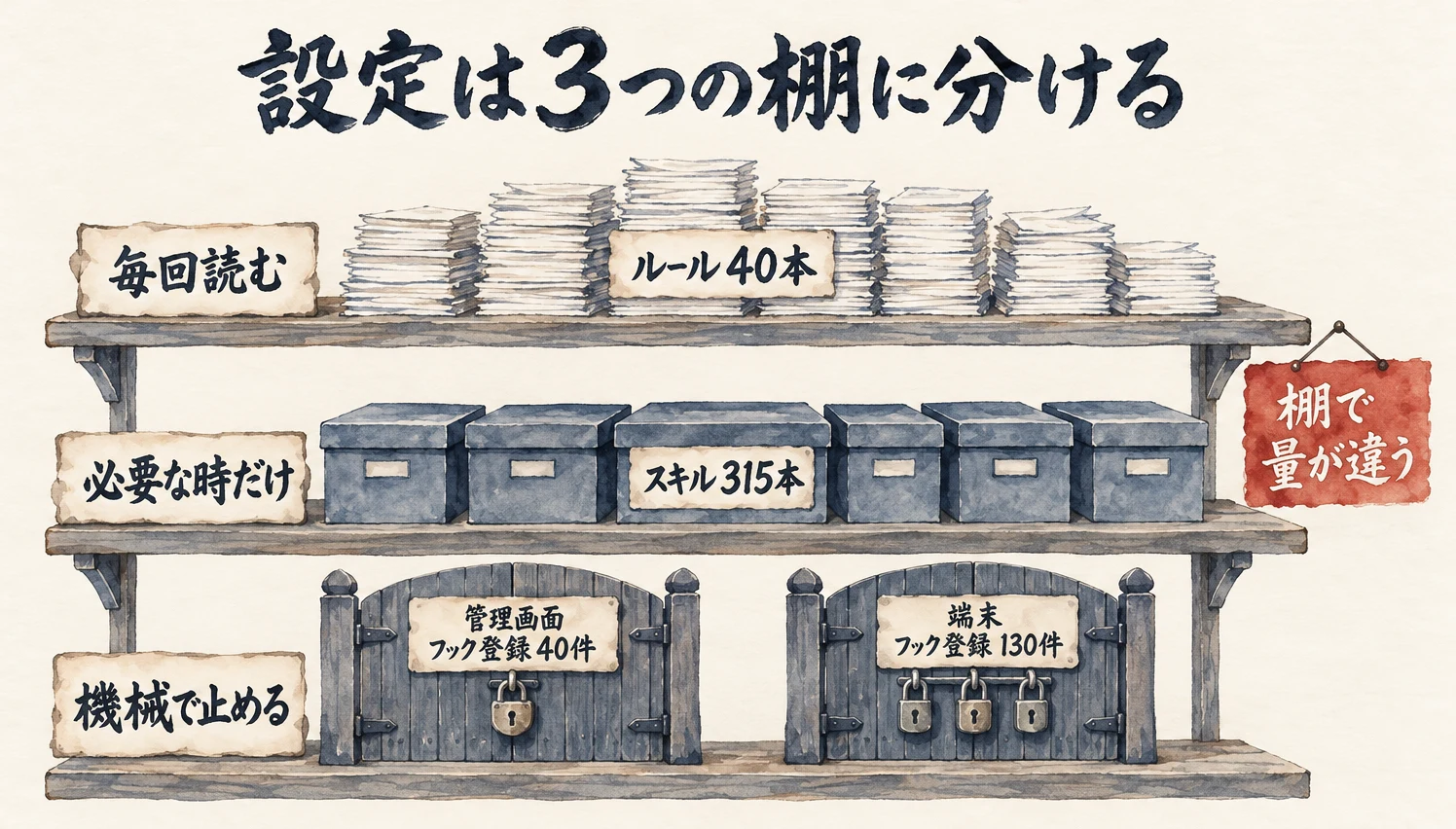 上段の棚に高く積んだ紙の束「ルール40本」、中段の棚に閉じた箱「スキル315本」、下段の棚に鍵のかかった2つの門「管理画面 フック登録40件」「端末 フック登録130件」が並び、朱色の札「棚で量が違う」が添えられた図解