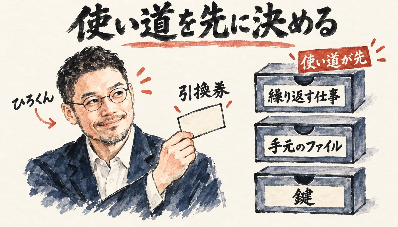 ひろくんが引換券を手に、繰り返す仕事・手元のファイル・鍵の3つの引き出しを見比べ、使い道を先に決める図解