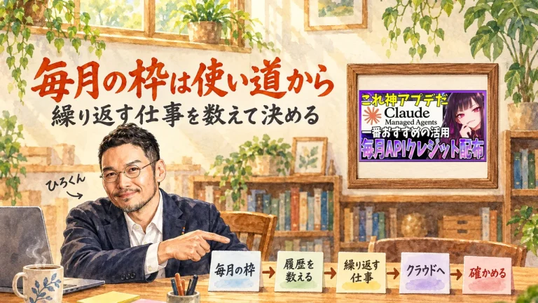 ひろくんが机の前で、「毎月の枠」から「確かめる」まで5枚の札を指さすアイキャッチ。右上の額縁に元動画のサムネイル「毎月APIクレジット配布」。壁に動画のサムネイル