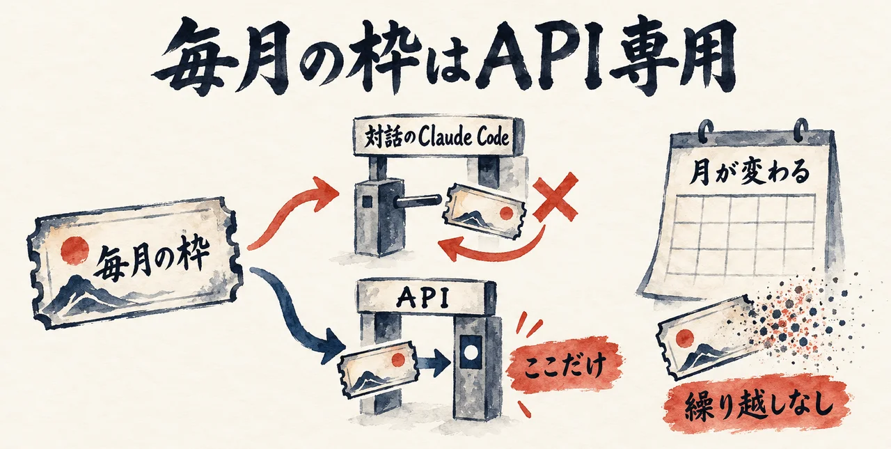 毎月の枠の引換券が、対話のClaude Codeの入口では×で跳ね返され、APIの入口だけで使えて、月が変わると繰り越されずに消える図解