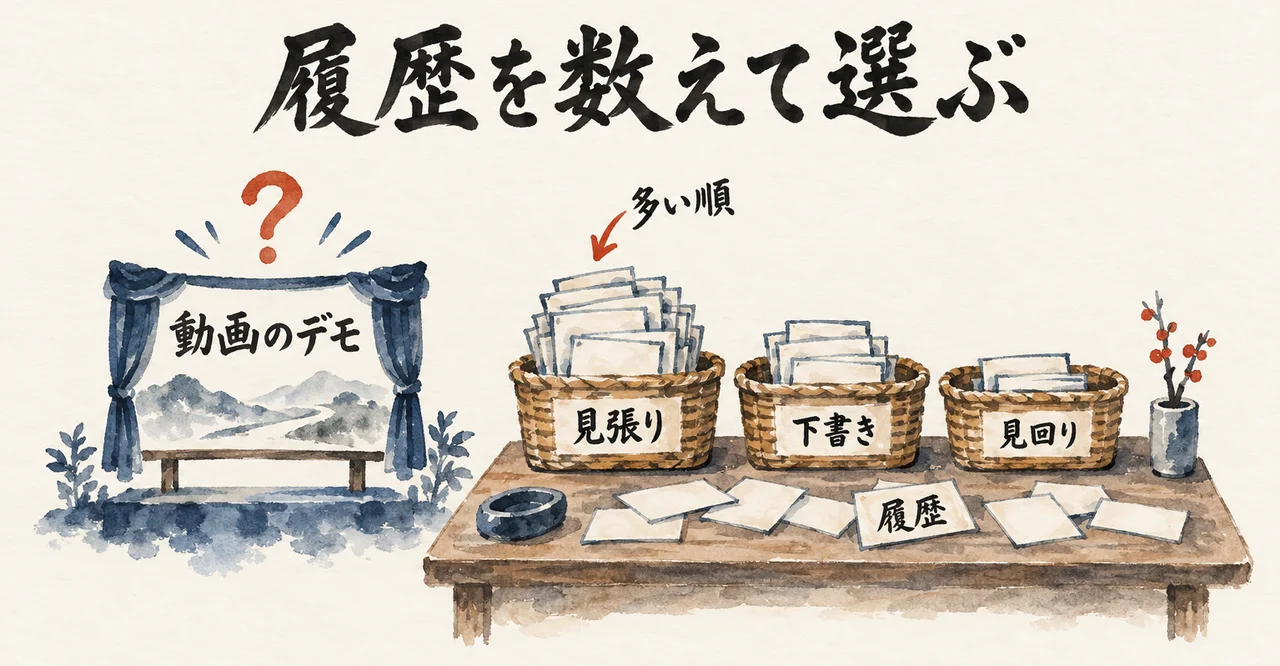 動画のデモに「？」を付け、机の上の履歴を、見張り・下書き・見回りの3つのかごに分けて多い順に数える図解