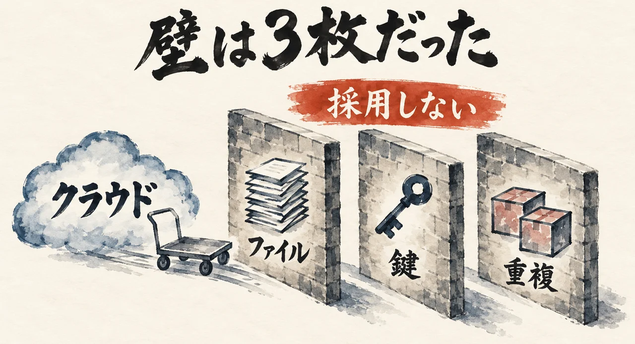 クラウドから出た荷車の前に、ファイル・鍵・重複の3枚の壁が立ち、採用しないと判断した図解